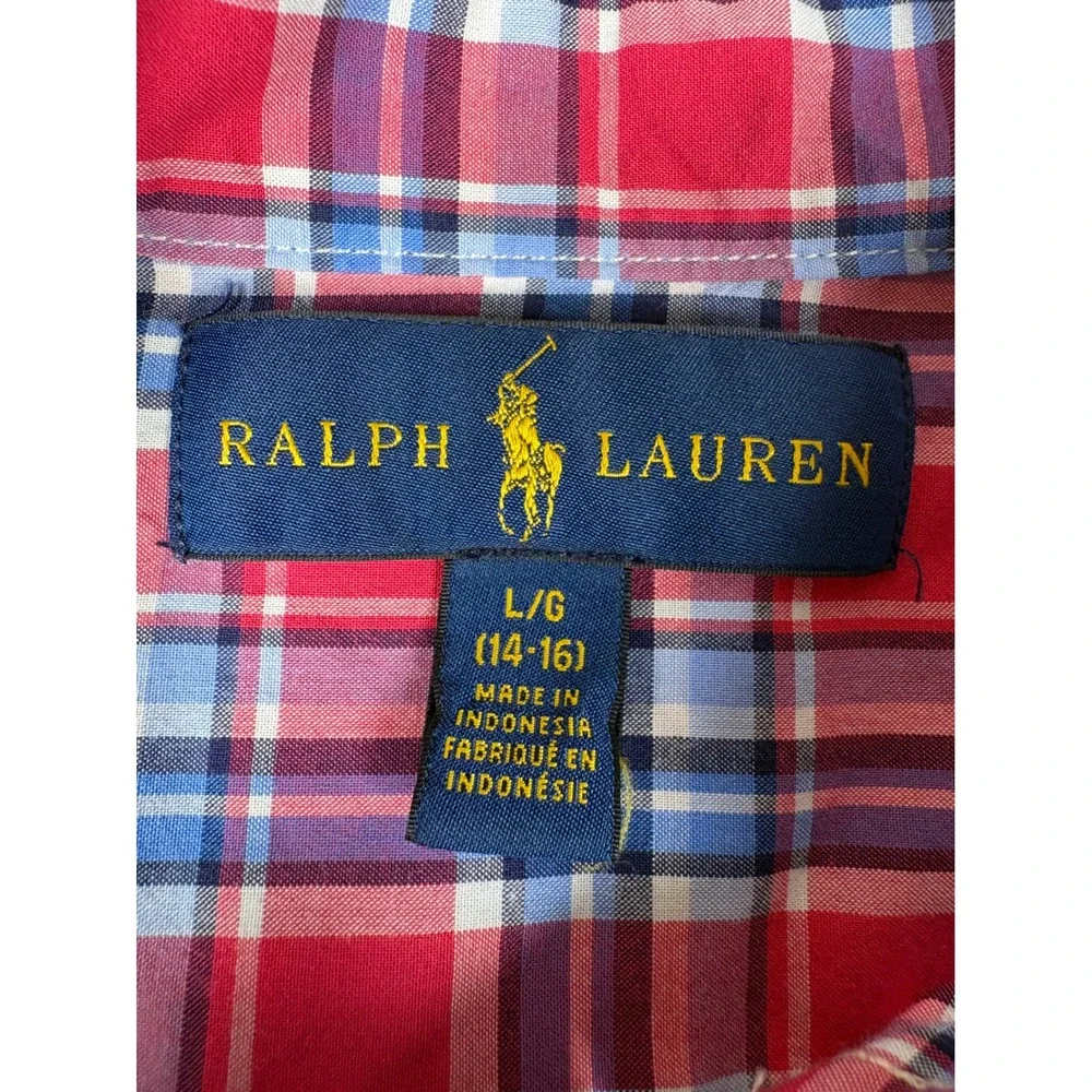 Ralph Lauren Kids Boys Red Blue Plaid Cotton Button Down Shirt Large 14-16 Pony